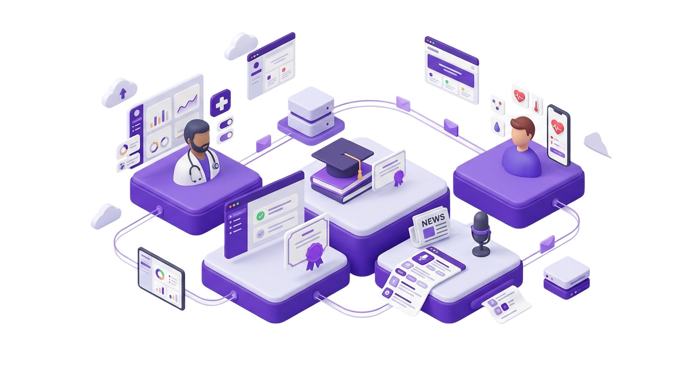 Ilustração da plataforma TribeMD conectando médicos, pacientes, educação e conteúdo